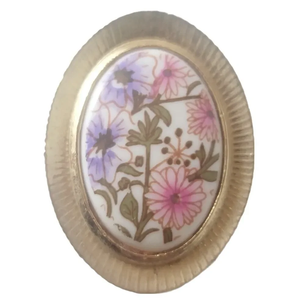 Vintage Pendant Porcelain Hand Painted Pink Purple‎ Flowers Jewelry 1.5